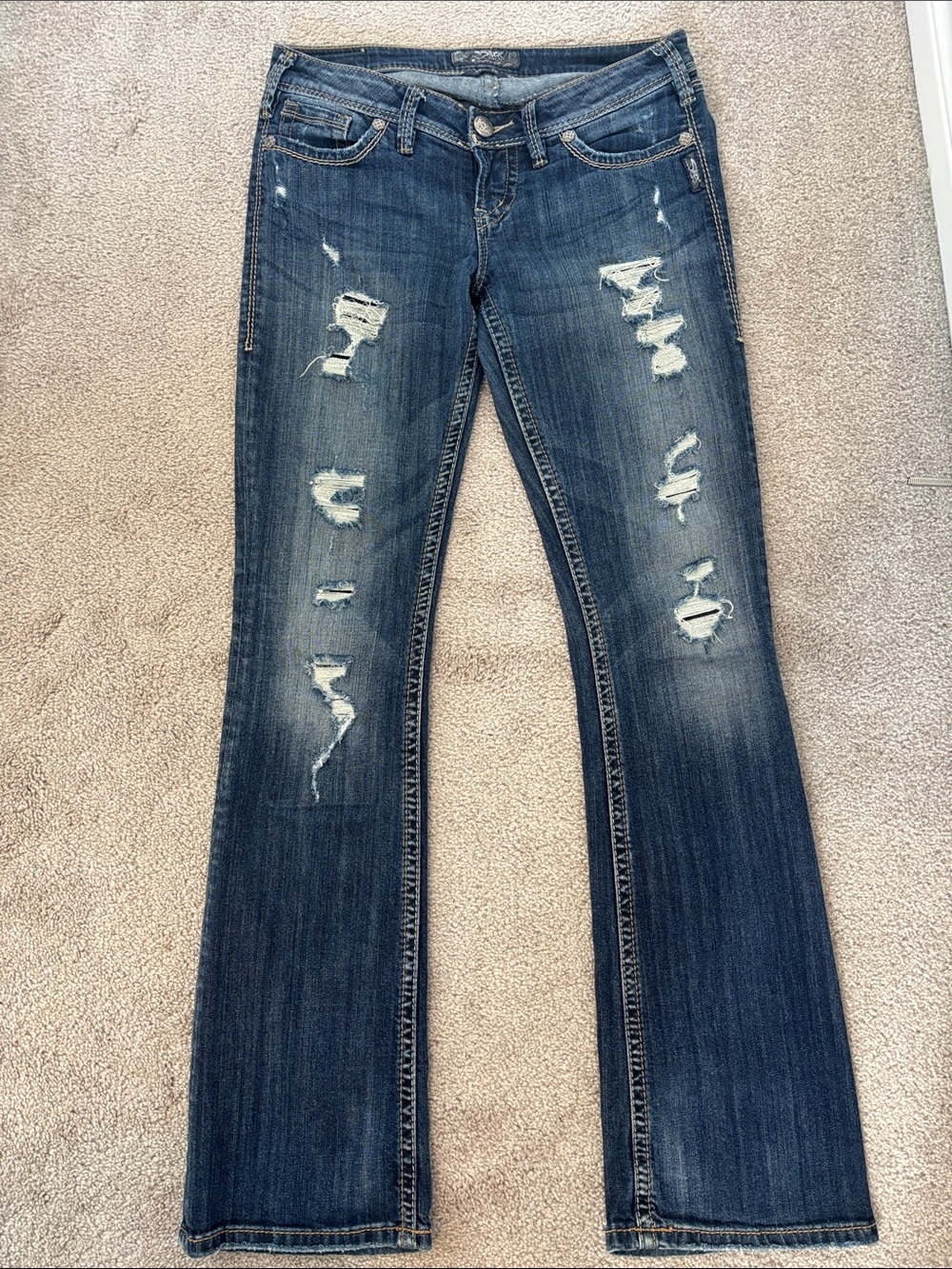 Silver Jeans Distressed Dark Blue Bootcut Jeans